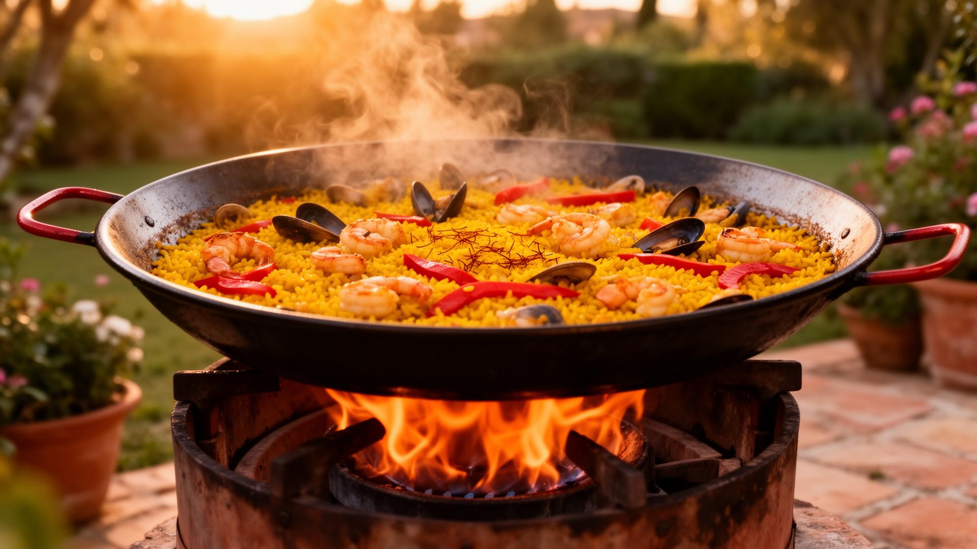 Spaanse paella met saffraan, garnalen en mosselen in grote paella pan boven Spaanse gasbrander
